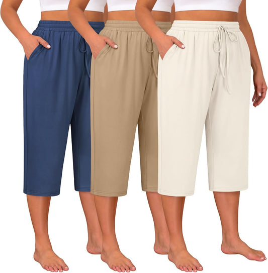 Huukeay 3 Pack Women's Plus Size Capris, Drawstring Cotton Yoga Capri Sweatpants Summer Casual Loose Cropped Pant with Pocket