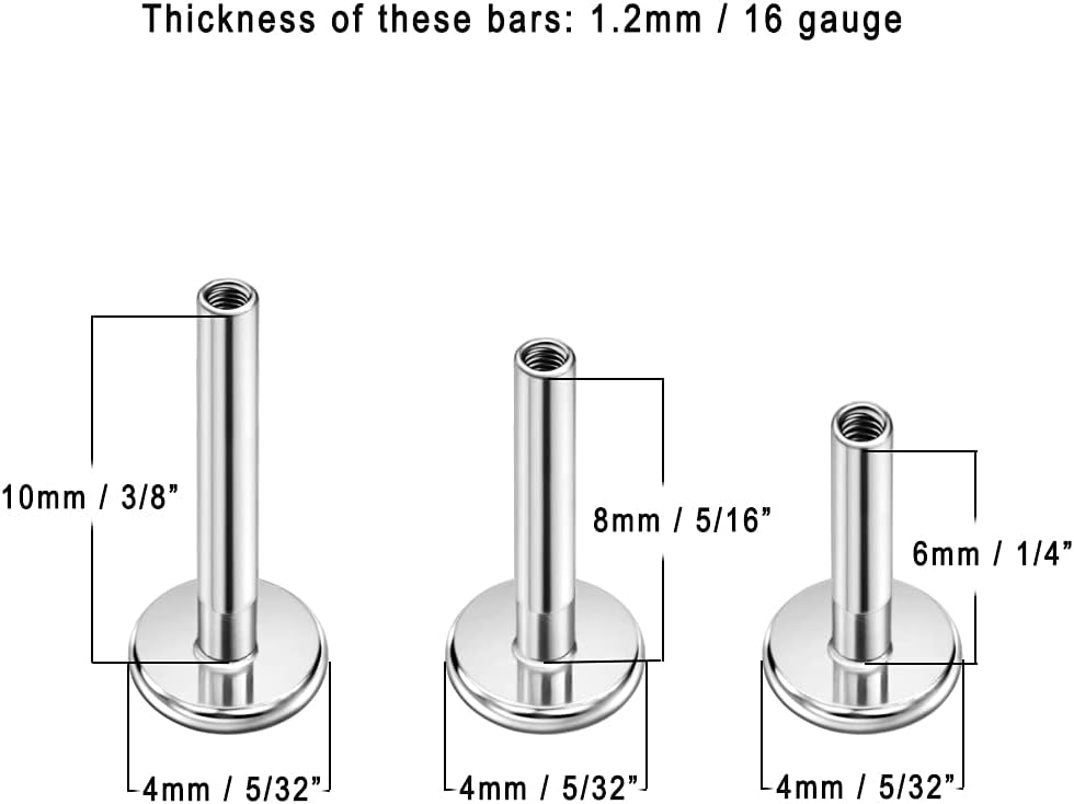 FANSING Surgical Steel Cartilage Stud with 18g/16g 6mm 8mm 10mm Internally Threaded Labret Post Silver/Gold