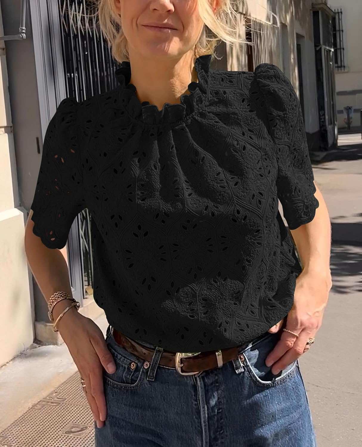 PRETTYGARDEN Summer Tops for Women 2025 Trendy Short Sleeve Eyelet Embroidered Dressy Casual Blouse Shirts