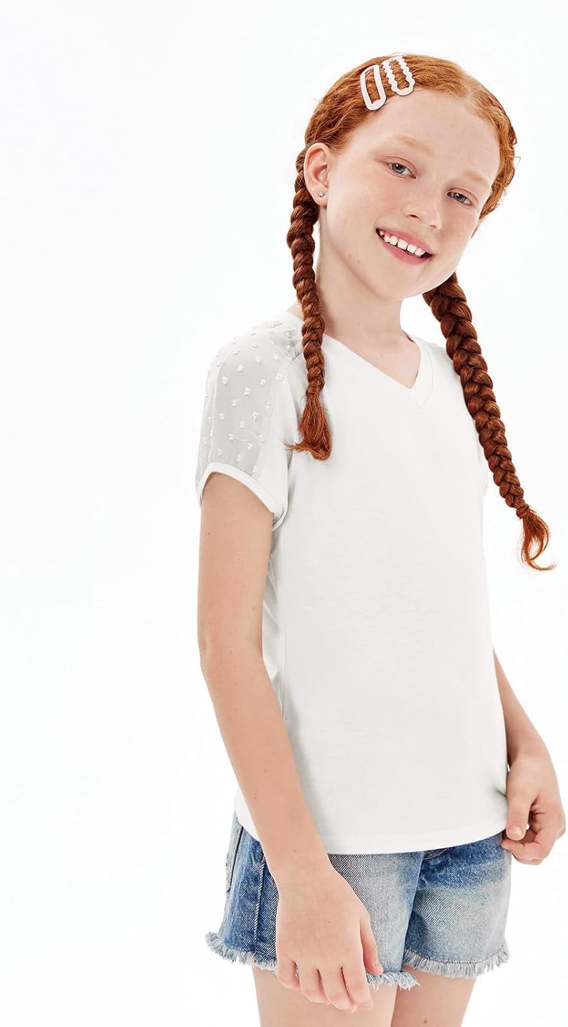 Haloumoning Girls V Neck T-Shirts Kids Summer Swiss Dot Short Sleeve Tops Cute Fashion Tees 5-14 Years