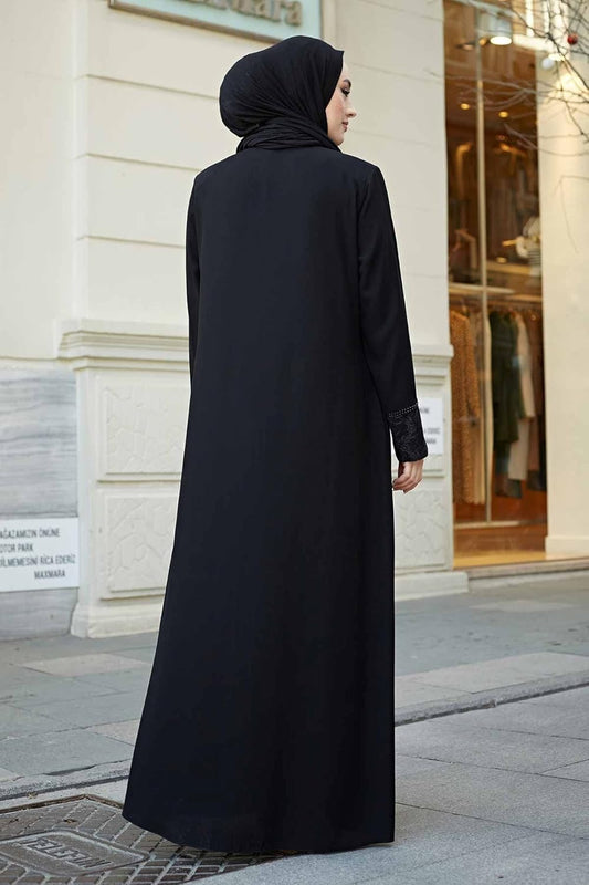 Women's Abaya Lace Applique Long Sleeve Floor Length Turkey Zipper Islamic Fashion