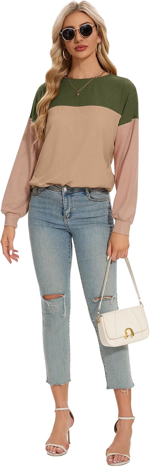 Long Sleeve Shirts for Women Color Block Tops Fall Fashion Ribbed Knit Tops Casual Loose Crewneck Pullover Shirts