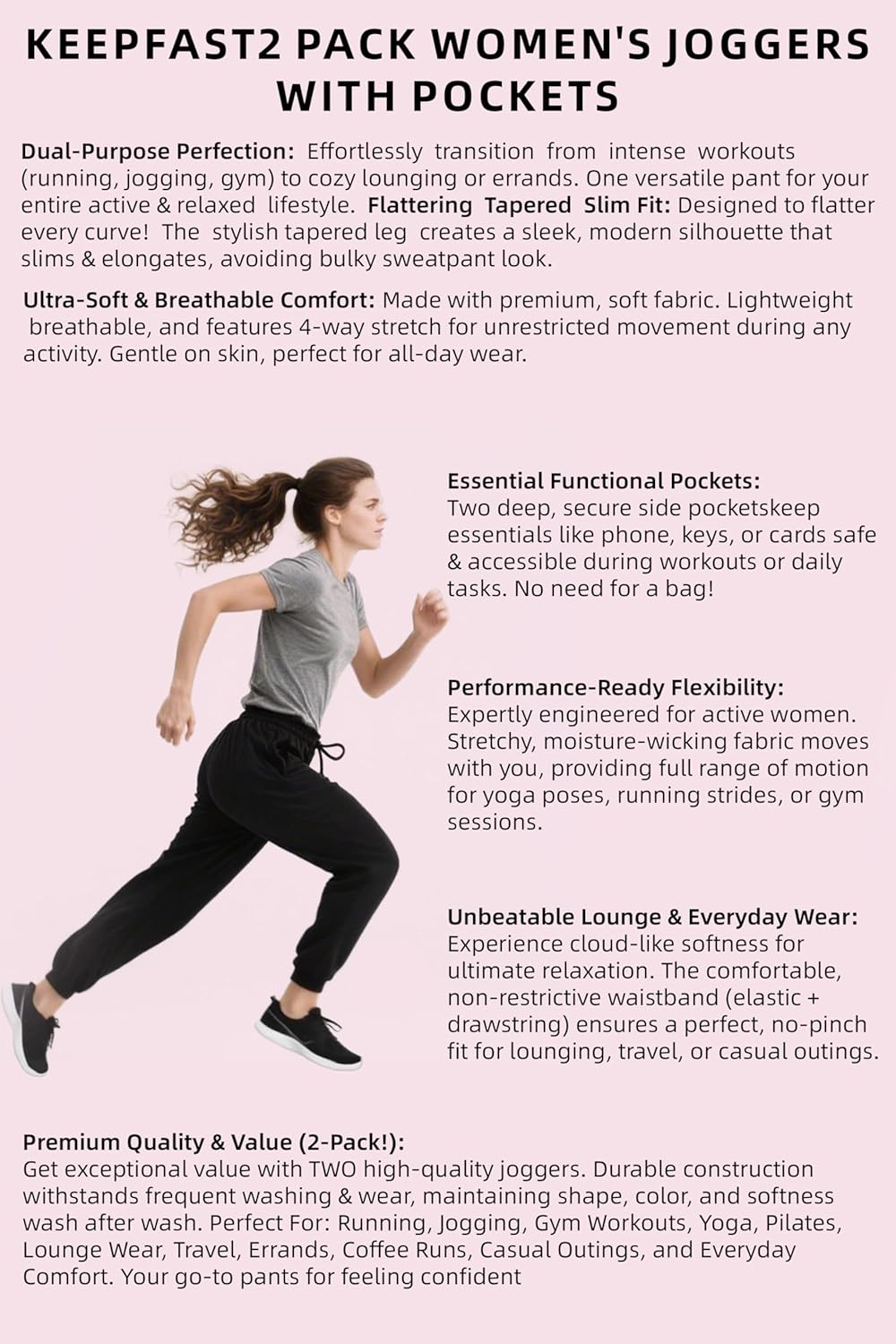 2 Pack Women's Joggers with Pockets Tapered Sweatpants for Women Lounge Workout Jogging Pants for Yoga Running