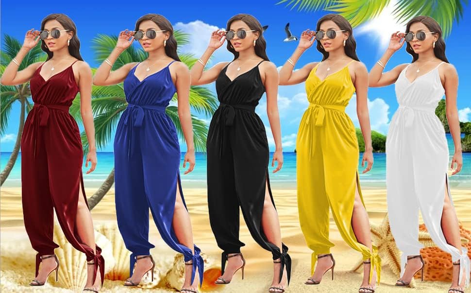 LightlyKiss Casual Summer Dressy Jumpsuits for Women Spaghetti Strap Wide Leg Split Long Pants Loose Fit Rompers