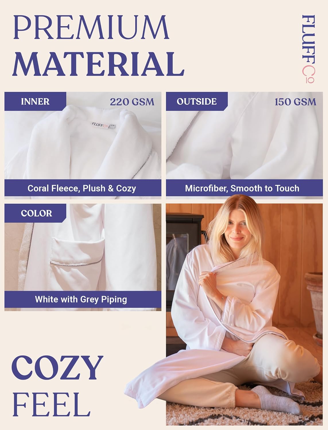 FluffCo Luxury Hotel BathRobe | Resort Quality with Side Pockets & Waist-Tie Belt, Microfiber Interior, Fleece Exterior