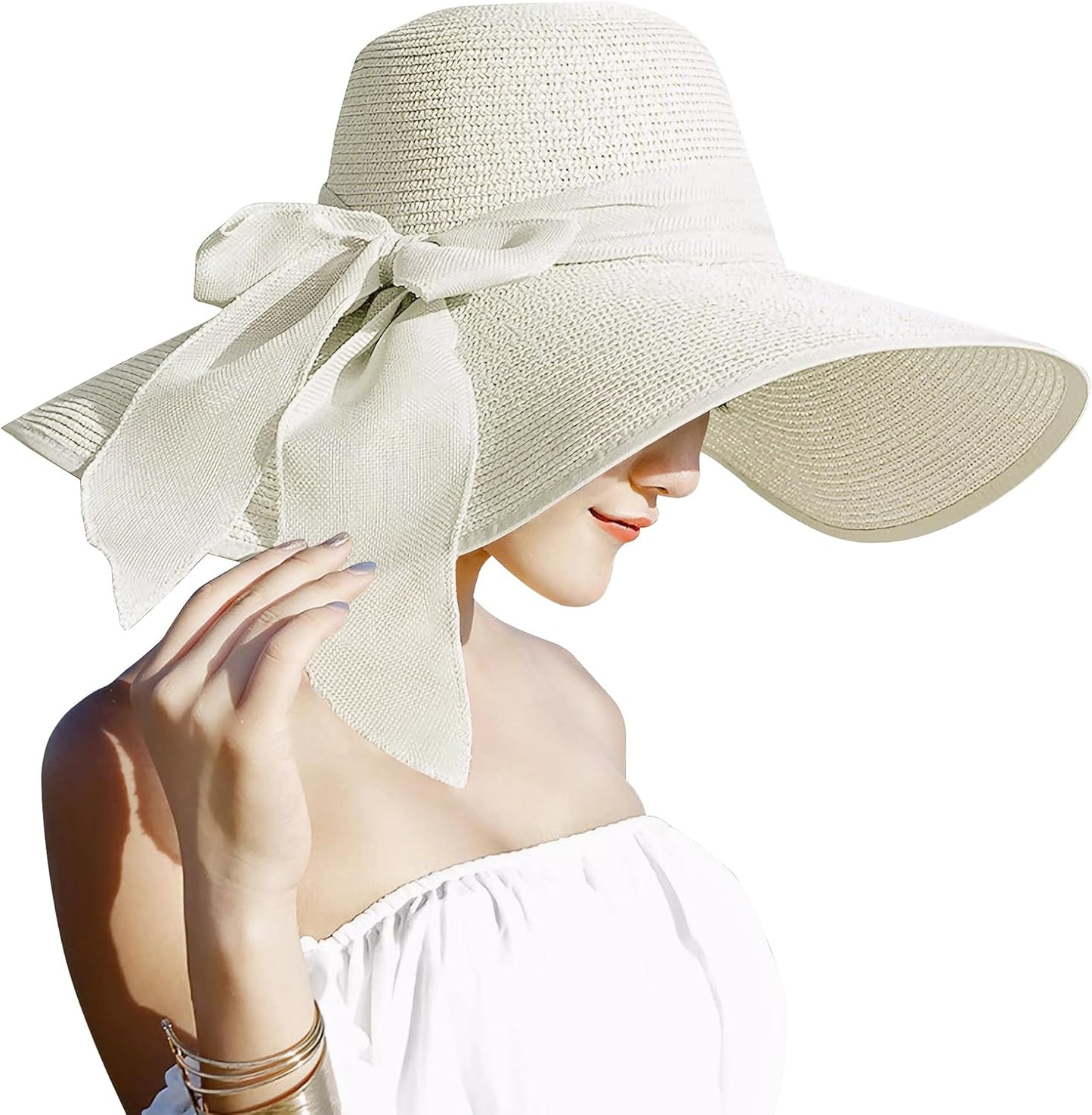 Lanzom Womens 5.7 Inches Big Bowknot Straw Hat Large Floppy Foldable Roll up Beach Cap Sun Hat UPF 50+