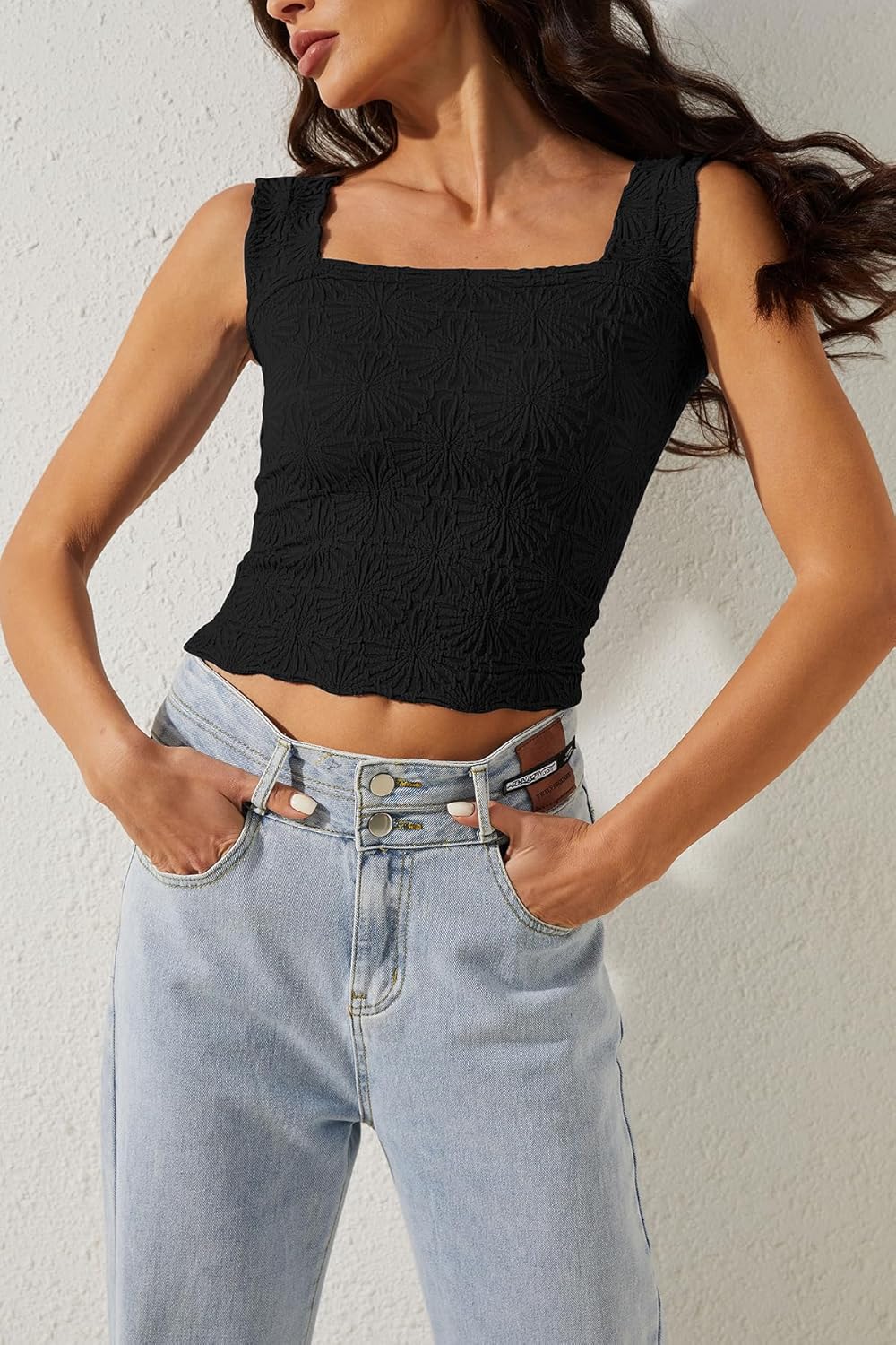MISSACTIVER Women Square Neck Wide Straps Crop Tank Tops Casual Floral Sleeveless Lettuce Trim Slim Fit Crop Cami Vest Tops