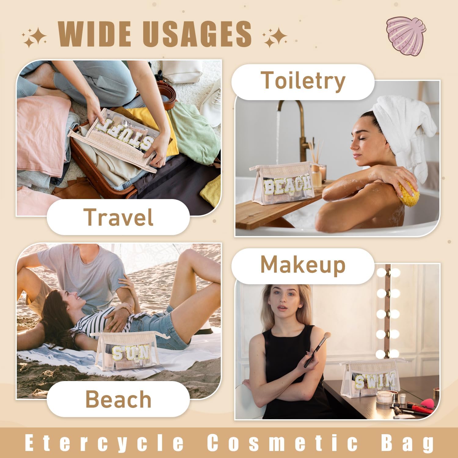 Etercycle Boho Patch BEACH Makeup Bag, Clear PVC Travel Toiletry Bag Waterproof Beach Bags for Women, Small Chenille Letter Bag With Zipper for Beach Travel Essentials