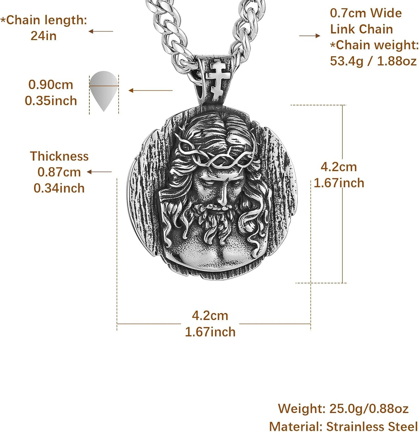 HZMAN Jesus Pendant Necklace for Men Retro Stainless Steel Medal Pendant Necklace Amulet Jewelry Gift
