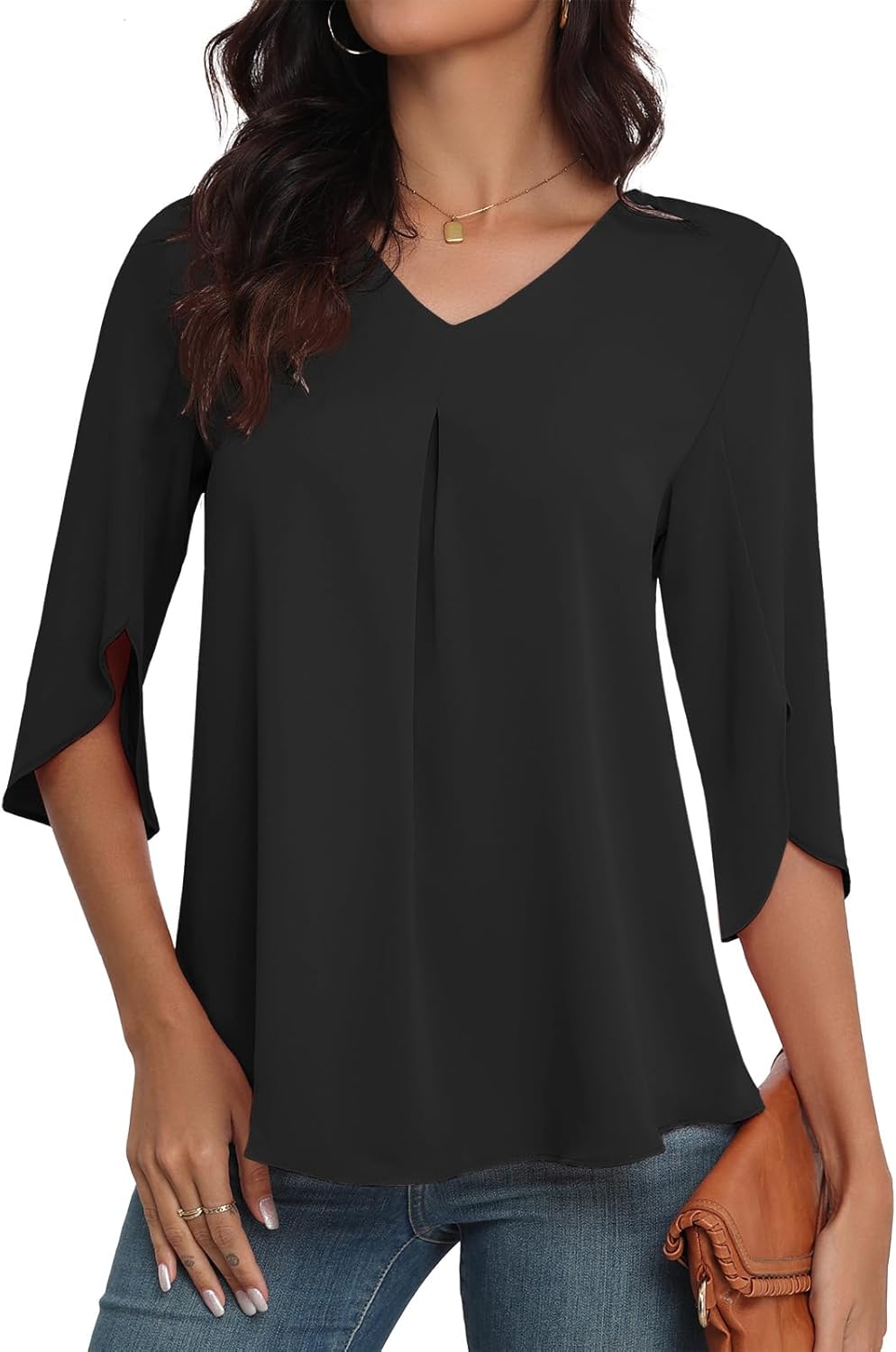 LAOLASI Womens Summer Chiffon Blouses 3/4 Sleeve V Neck Casual Loose Work Tops for Leggings 2025 Flowy Dressy Tshirts