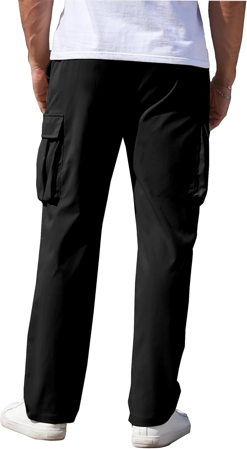 Mens Cargo Pants Drawstring Relaxed Fit Pants Stretch Elastic Waist Work Outdoor Casual Pants with Pockets