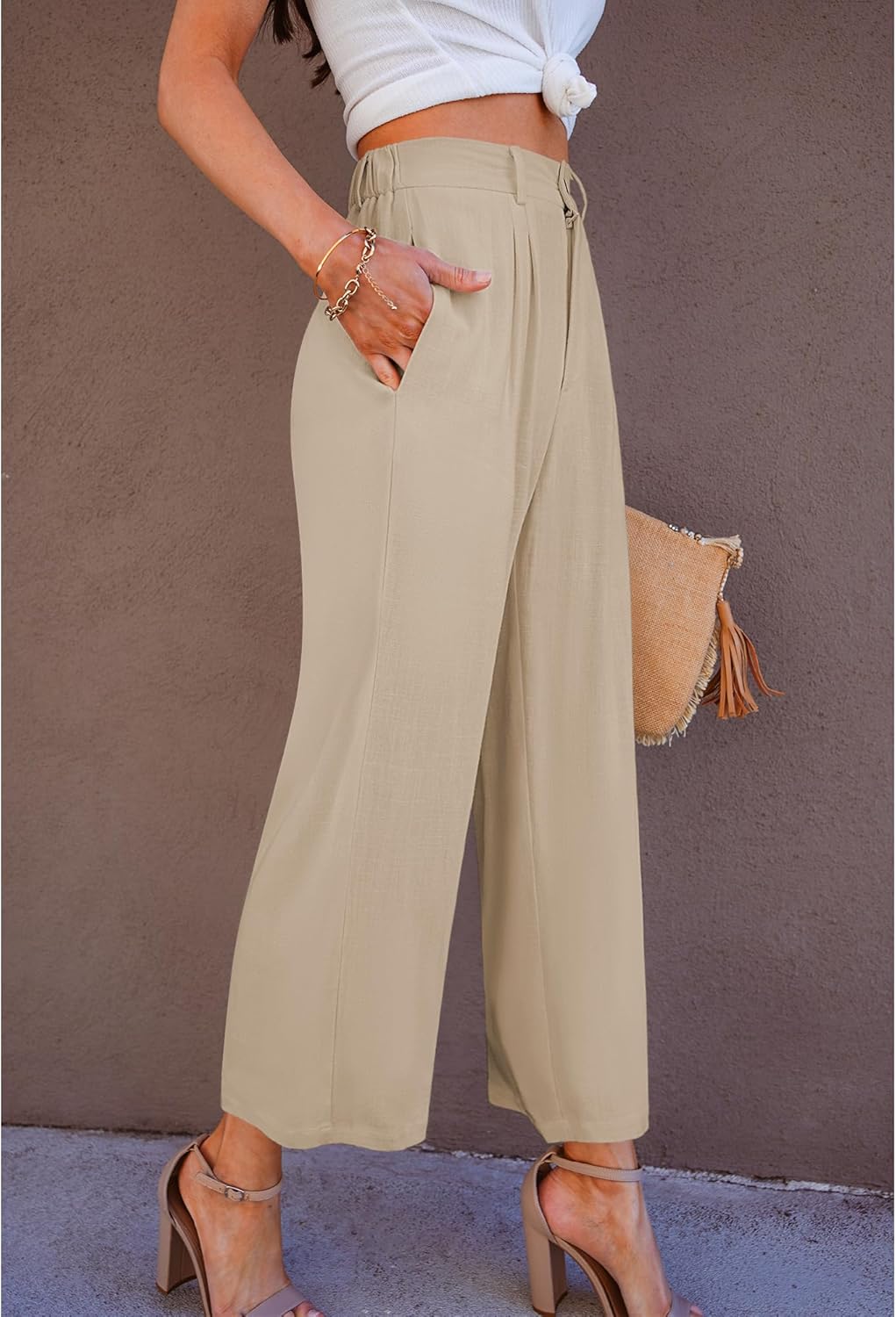GRAPENT Wide Leg Capri Pants for Women High Waisted Linen Flowy Pleated Capris Cropped Trousers Pants Dressy Casual