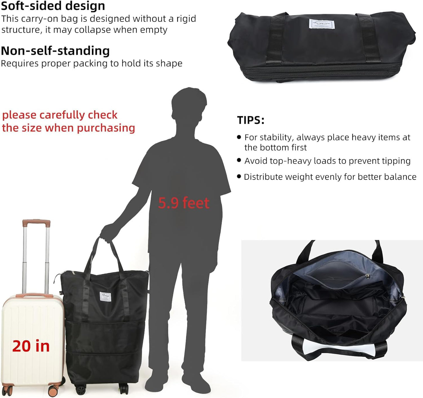 VOOWO Rolling Duffle Bag with Wheels, Expandable Foldable Duffle Bag for Travel, Rolling Under Seat Luggage Carry on Duffel Bags, Wheeled Travel Duffel Weekend Bags, Capacity 18L to 44L (Black)
