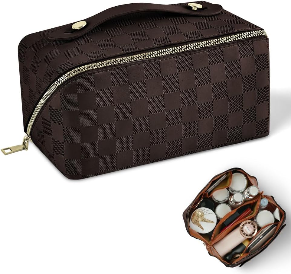 Premium PU Cosmetic Bag Travel Bag, Large Capacity Layered Cosmetic Bag Zipper Bag, Portable Travel Organizer Multifunctional Waterproof Bag, Easy to Carry (Checkerboard - Brown)