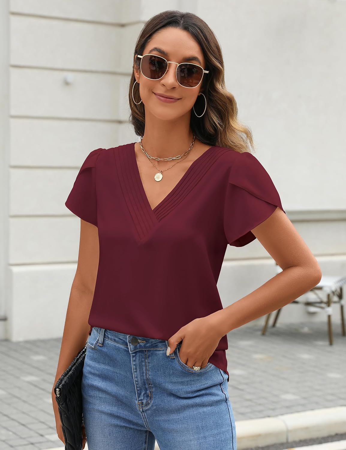 Fayenne Womens Tops Dressy Casual V Neck Ruffle Short Sleeve Blouse Business Casual Tops Chiffon Flowy Shirt Cute Summer Tops