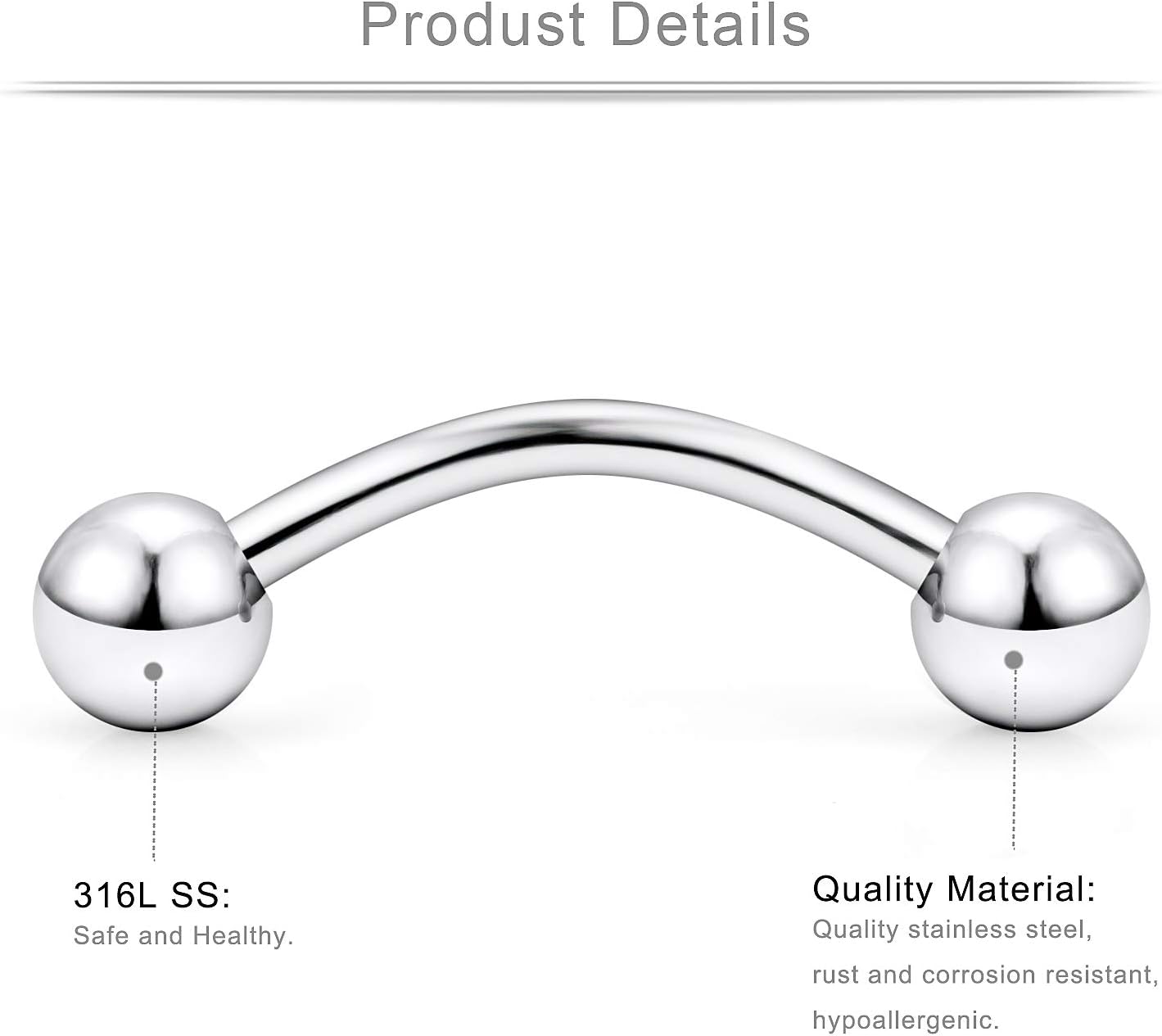 Ruifan 316L Surgical Steel Curved Barbell Snake Eyes Tongue Ring Piercing 16G 14G 4-16PCS