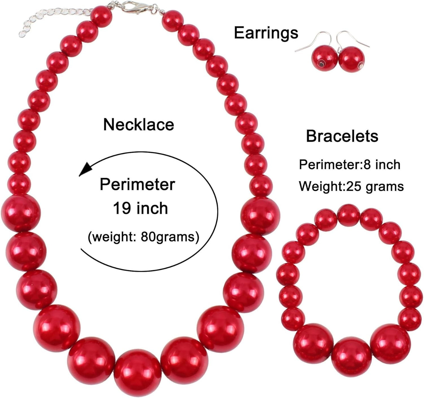 KOSMOS-LI Women's Large Big Simulated Pearl Statement 19" Necklace Bracelet and Earrings Jewelry Set