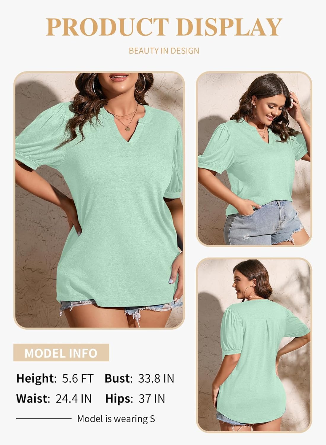 Eytino Womens Plus Size Tops V Neck Puff Short Sleeve Summer Loose Casual Solid Tees Shirts(1X-5X)