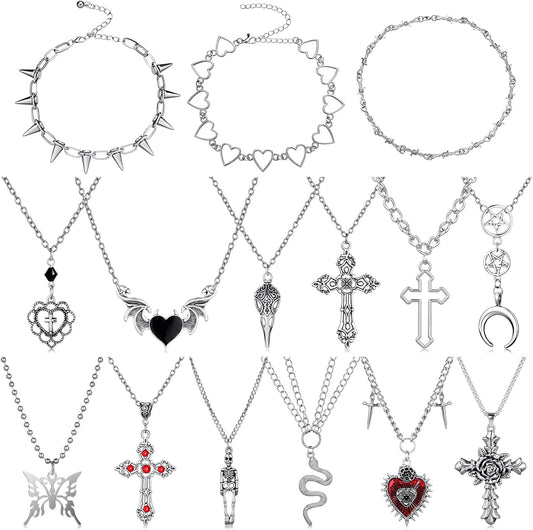 Janmercy 15 Pcs Gothic Grunge Necklace Set Goth Punk Rock Vintage Y2k Harajuku Silver Chain Choker Necklace Jewelry Costume Accessories for Women