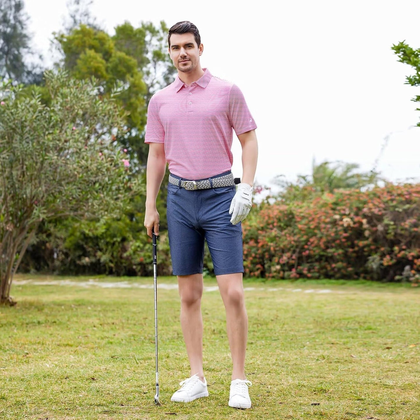 Mens Golf Shirt Moisture Wicking Dry Fit Performance Sport Short Sleeve Striped Golf Polo Shirts for Men