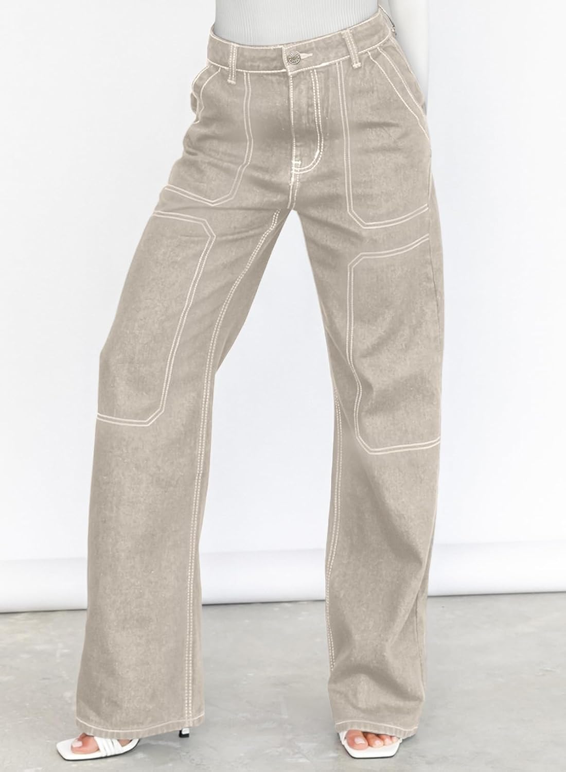 Dokotoo Women's Casual Mid Waist Cargo Jeans Stretch Wide Leg Denim Pants with Pockets