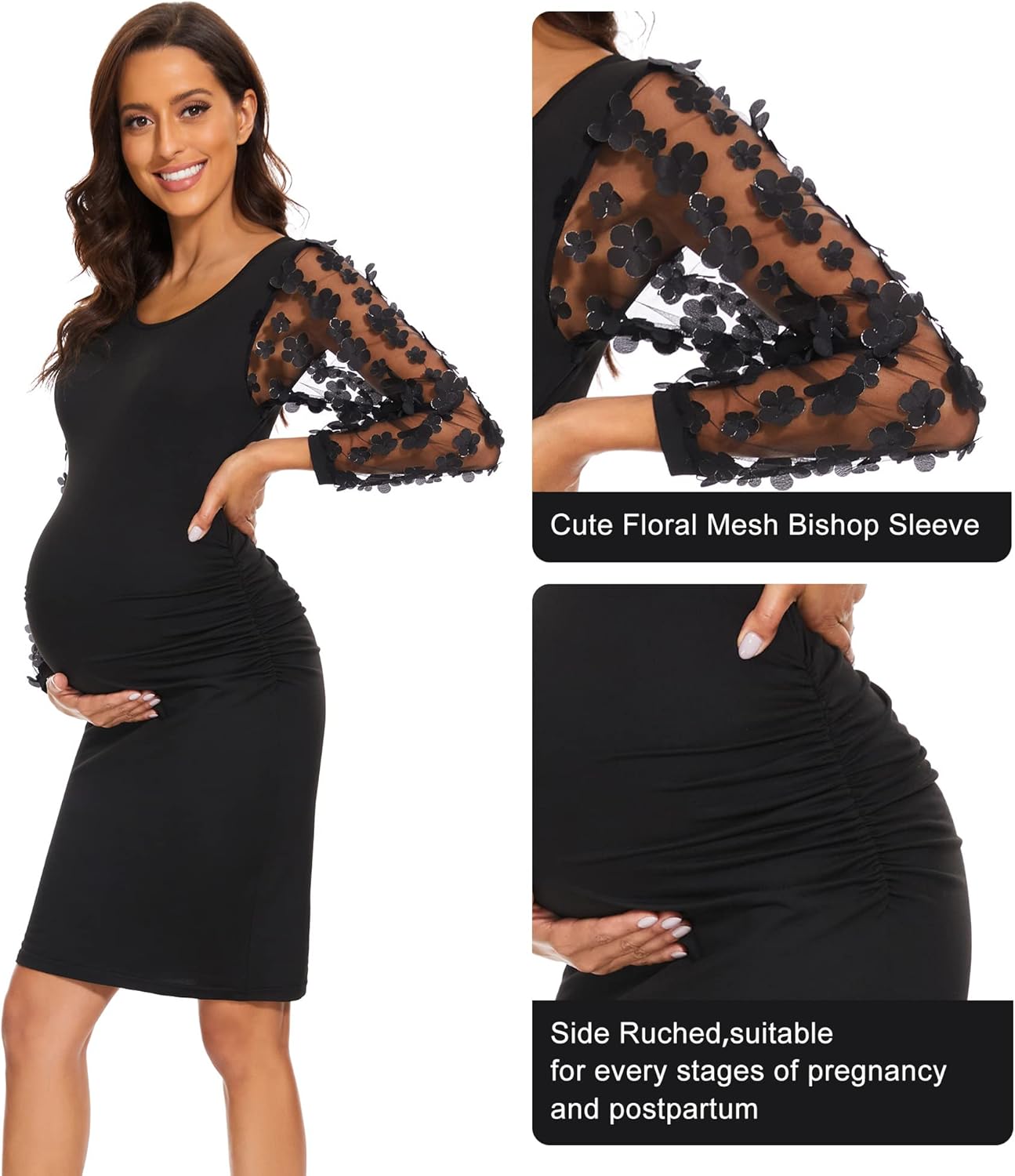 Floral Mesh Bishop Long Sleeve Maternity Midi Dress, Fall Maternity Bodycon Dress for Baby Shower/Photoshoot