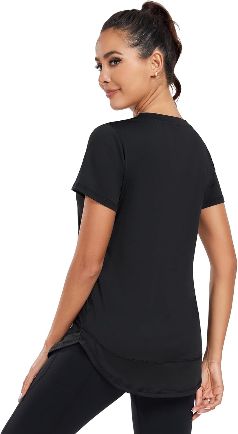 Women's Short Sleeve Workout Shirts Crewneck Sports Yoga Running Dry Fit Tops Side Split Tee