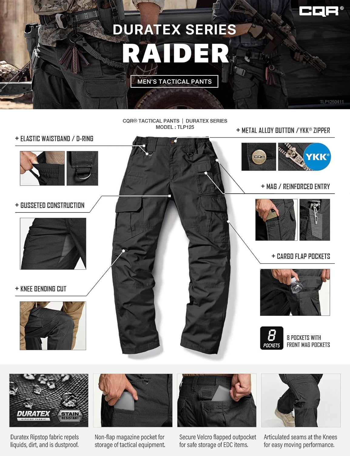 CQR Men's Tactical Pants, Water Resistant Ripstop Cargo Pants, Lightweight EDC Work Hiking Pants, Outdoor Apparel