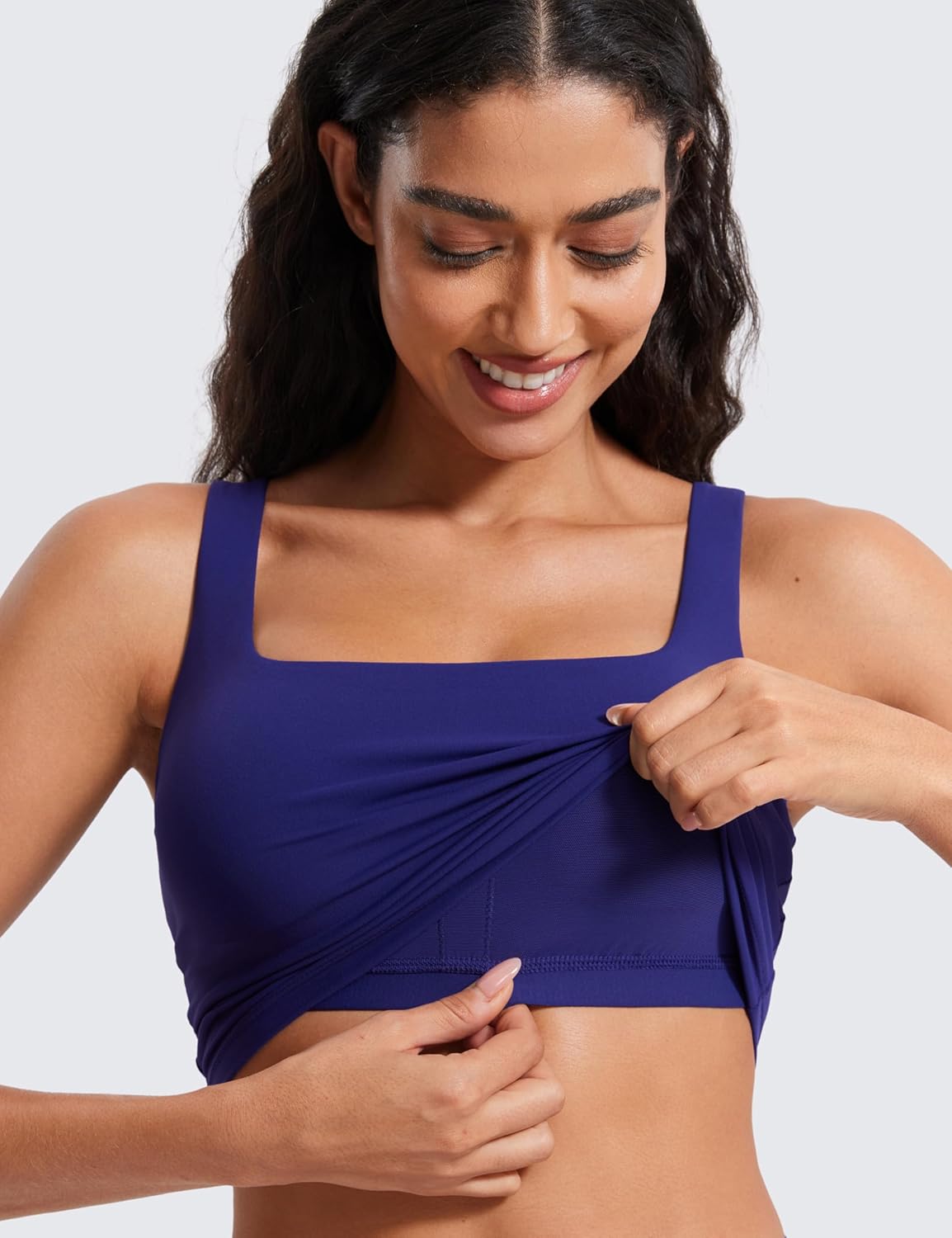 CRZ YOGA Butterluxe Womens Square Neck Longline Sports Bra - Workout Crop Tank Tops Padded Yoga Camisole with Built in Pads