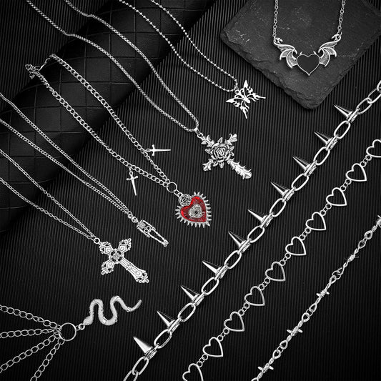 Janmercy 15 Pcs Gothic Grunge Necklace Set Goth Punk Rock Vintage Y2k Harajuku Silver Chain Choker Necklace Jewelry Costume Accessories for Women