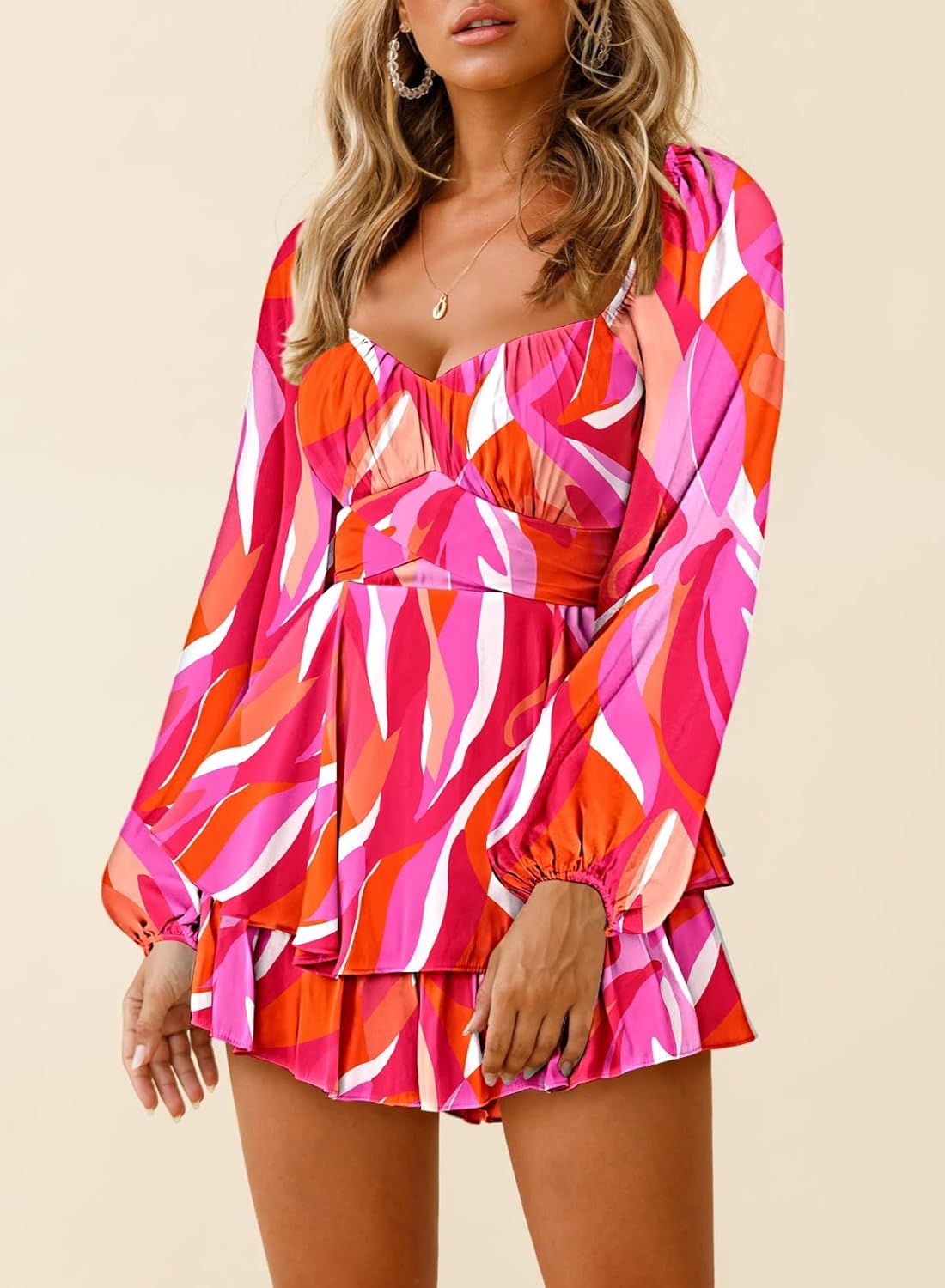 Fixmatti Women off Shoulder Rompers Lantern Long Sleeve Ruffle Tie Mini Shorts Jumpsuit