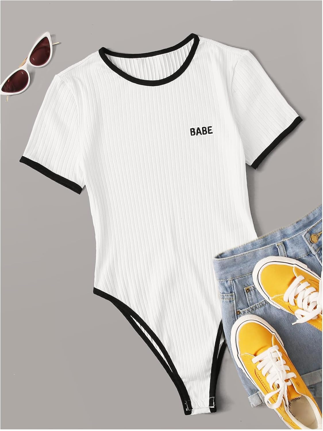 SOLY HUX Bodysuits for Women Short Sleeve Contrast Binding Letter Embroidery Bodysuit T Shirt Tops