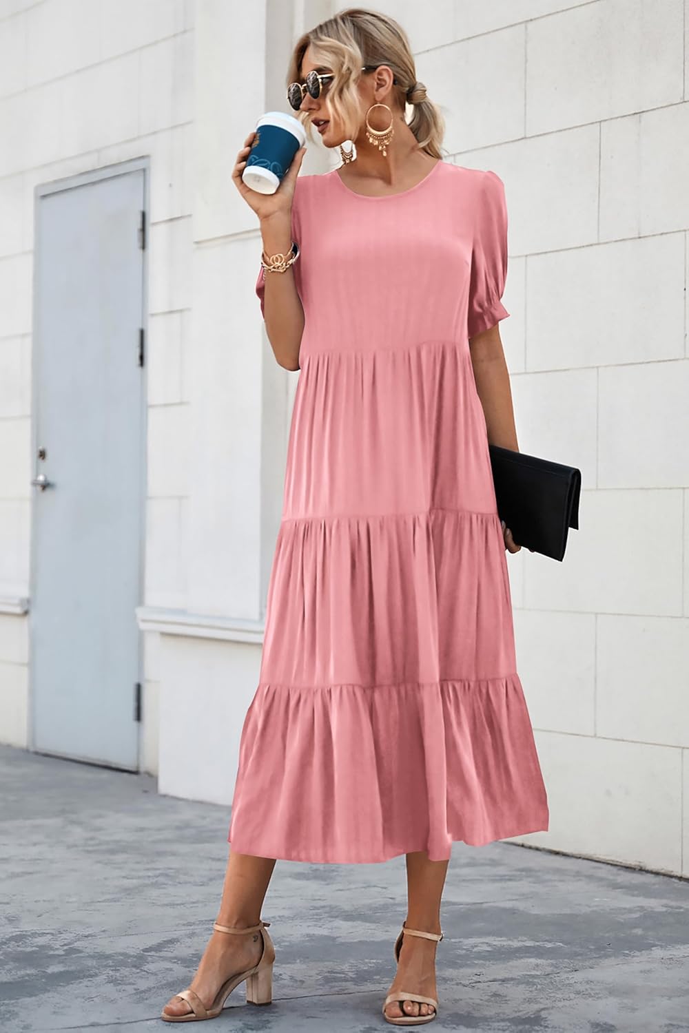 PRETTYGARDEN Summer Dresses for Women 2025 Casual Floral Boho Midi Sun Dress Puff Short Sleeve Flowy Beach Vacation Sundress