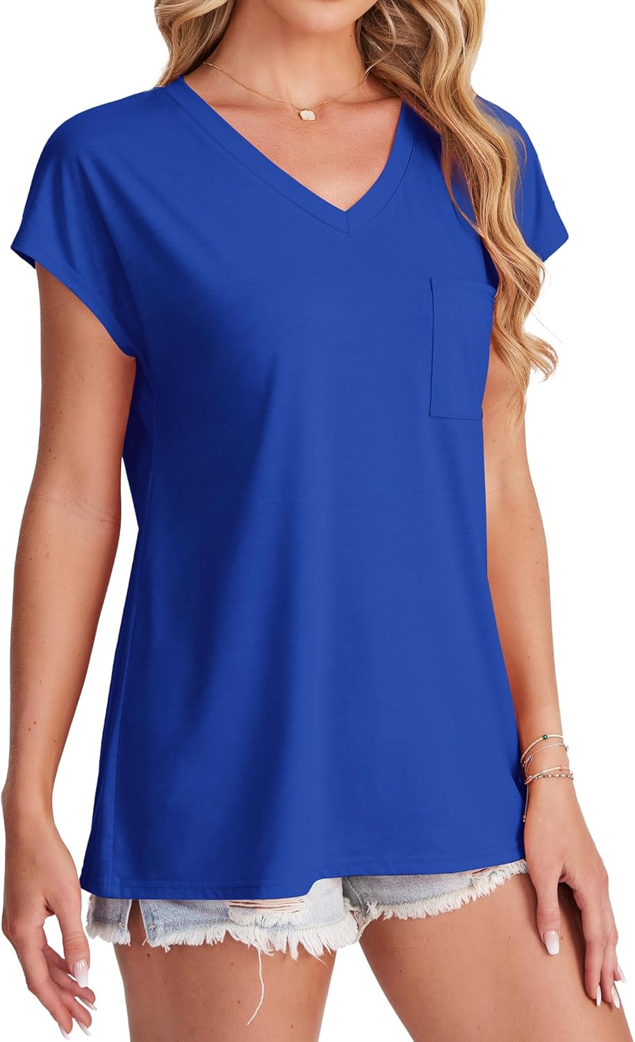 SAMPEEL Womens T Shirts V Neck Cap Short Sleeve Summer Tops Trendy 2025 Loose Casual Tshirts with Pocket