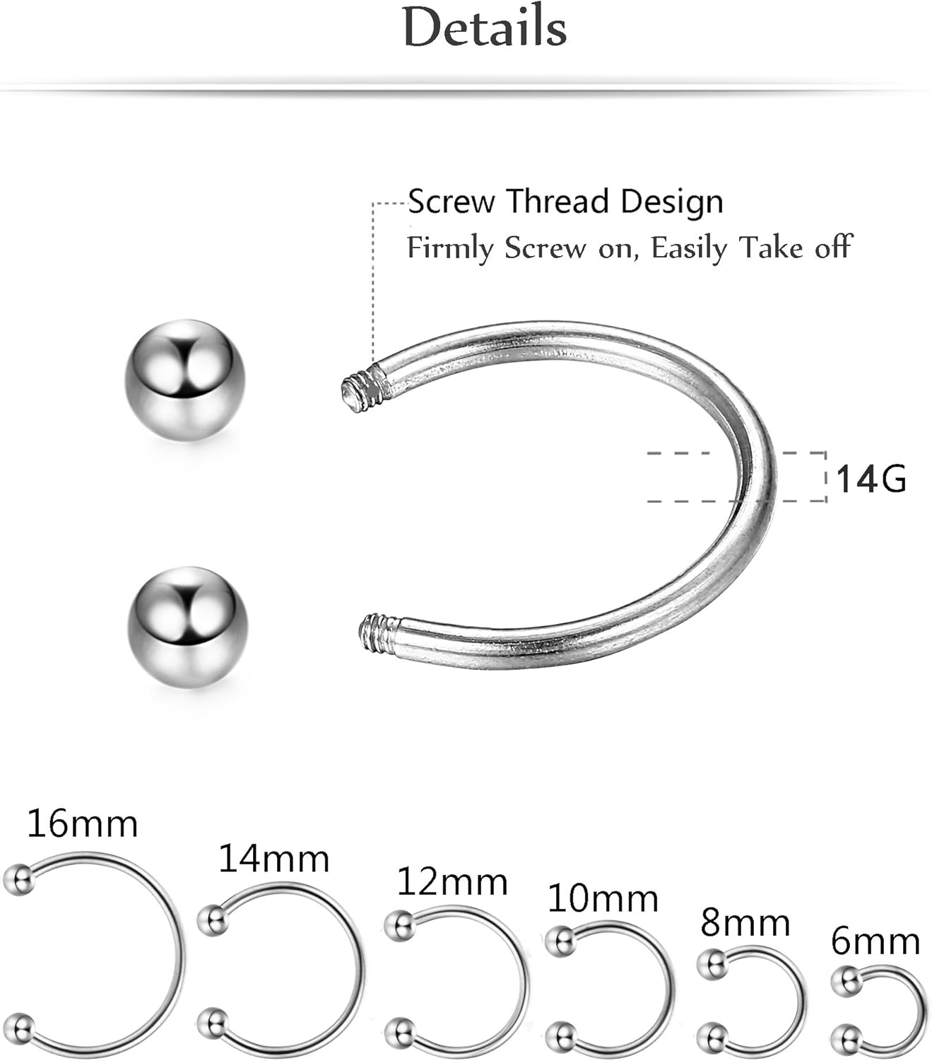 ORAZIO 12Pcs 14-16G Stainless Steel Nose Rings Septum Piercing Cartilage Horseshoe Earring Body Piercing 6MM-16MM