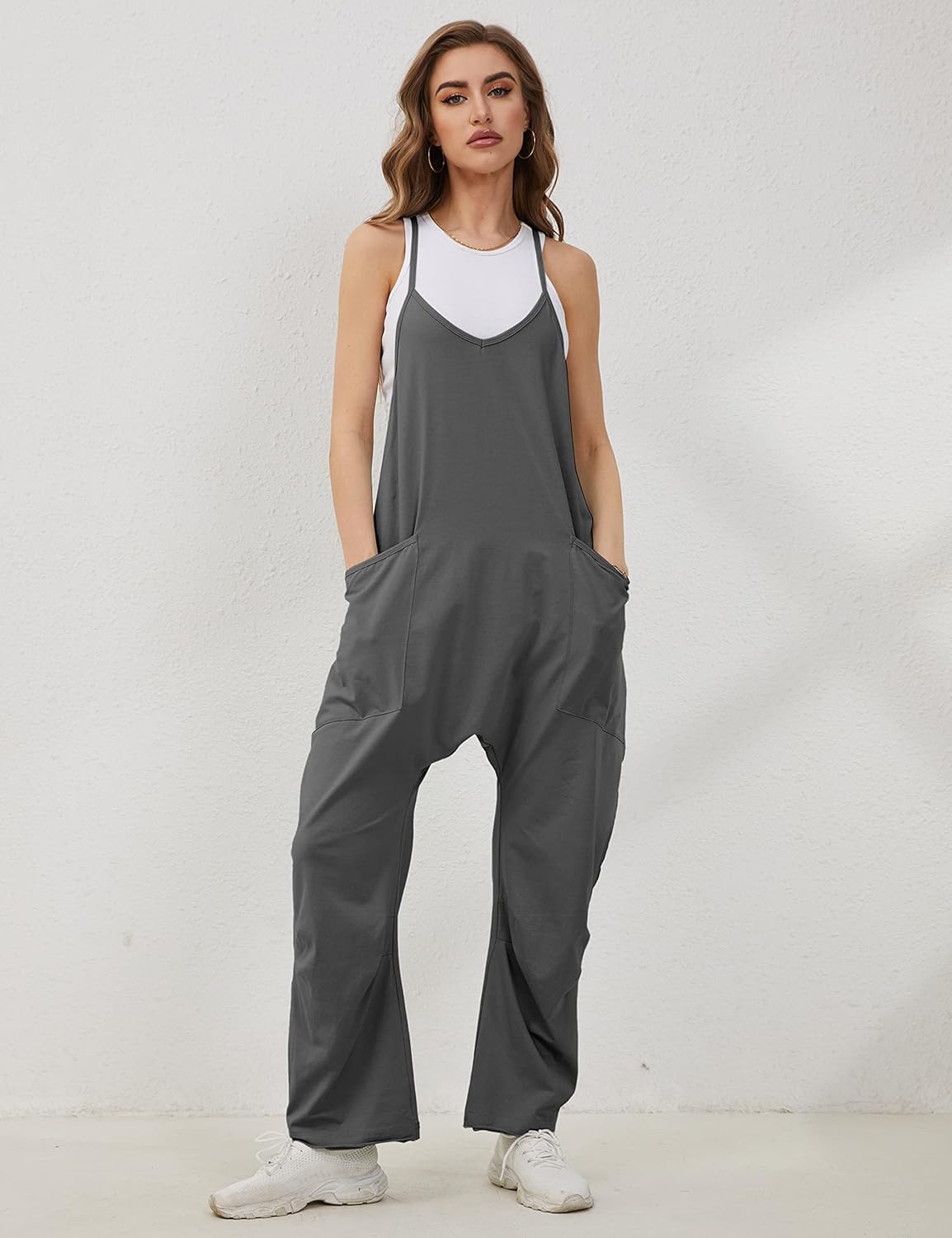 Lentta Women's Causal Jumpsuits V Neck Sleeveless Harem Overalls Stretchy Adjustable Strap Romper with Pockets