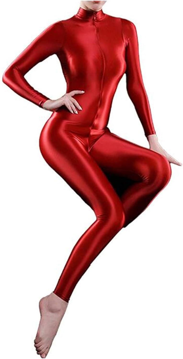 Xinxin Woman's Shimmery High Neck Long Sleeve Footless Zipper Bodysuit Catsuit Unitard Zentai Costume