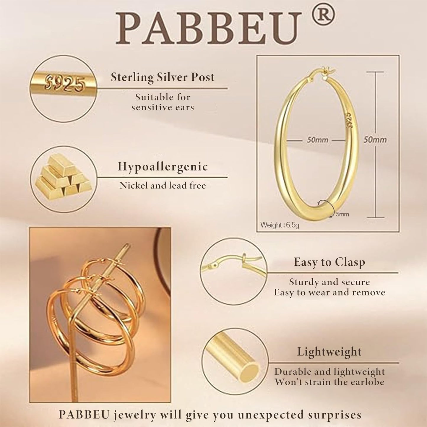 PABBEU S925 Sterling Silver Hoop Earrings Large Silver Hoop Earrings for Women Hypoallergenic Lightweight Big Thick Silver Hoop Earrings for Women Girls 35/40/50/60/70mm