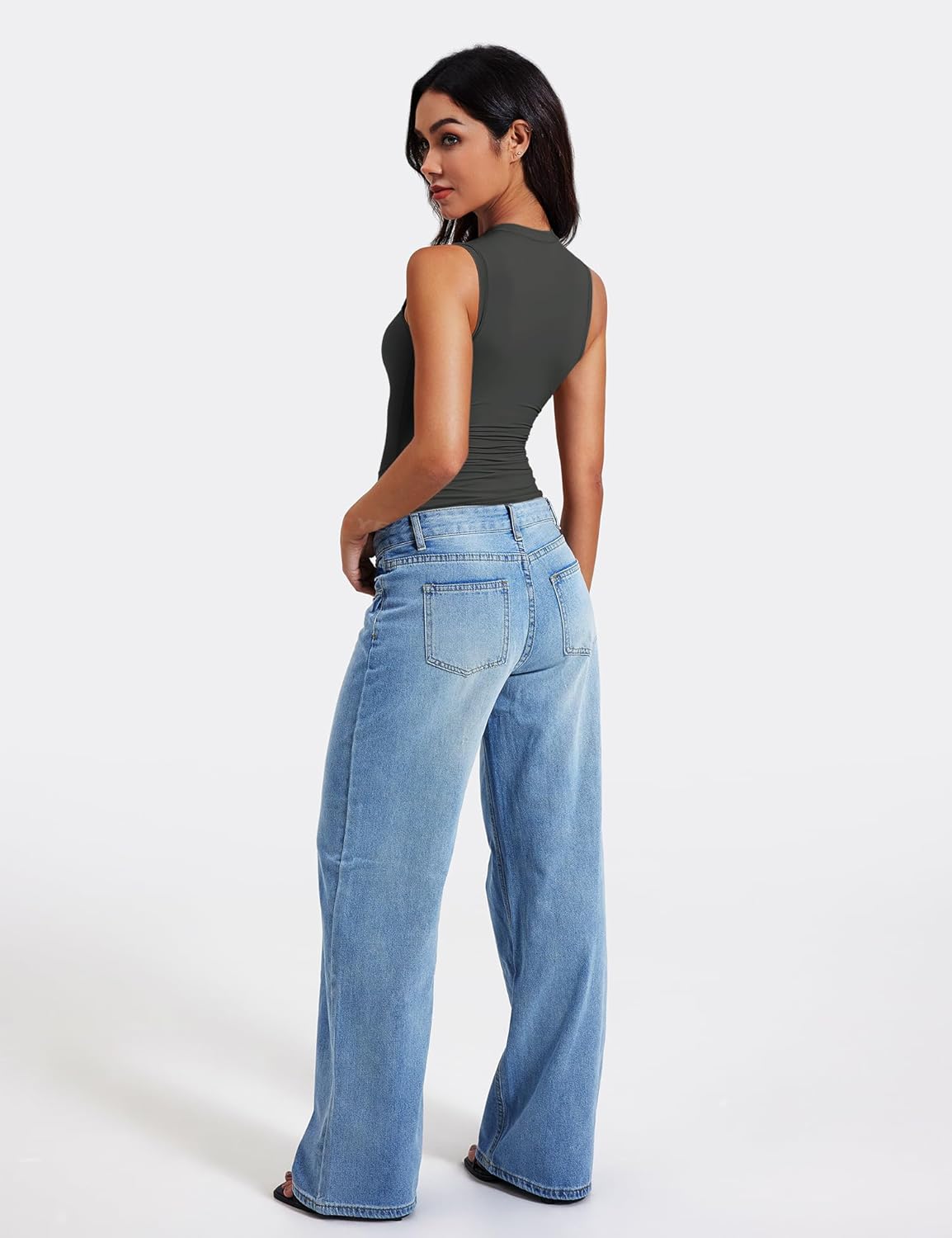 YEOREO Women Basic Mock Neck Workout Crop Top Sleeveless Double Lined Tank Tee Slim Fitted Ruched Going Out Camisole