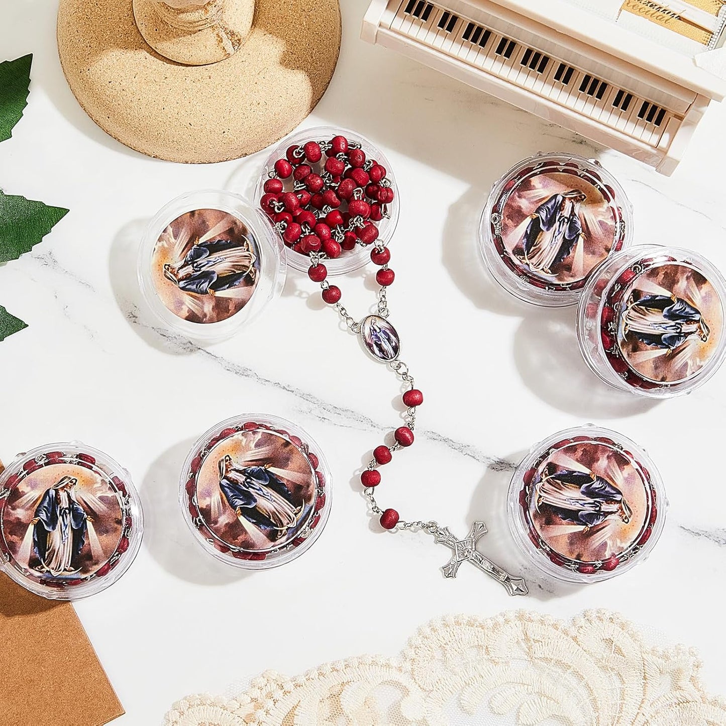Bucherry 24 Pcs Our Lady of Grace Scented Red Rosary Necklace Party Favor Catholic Gift with Box Rosary Bead Necklace for Funeral Baptism First Communion