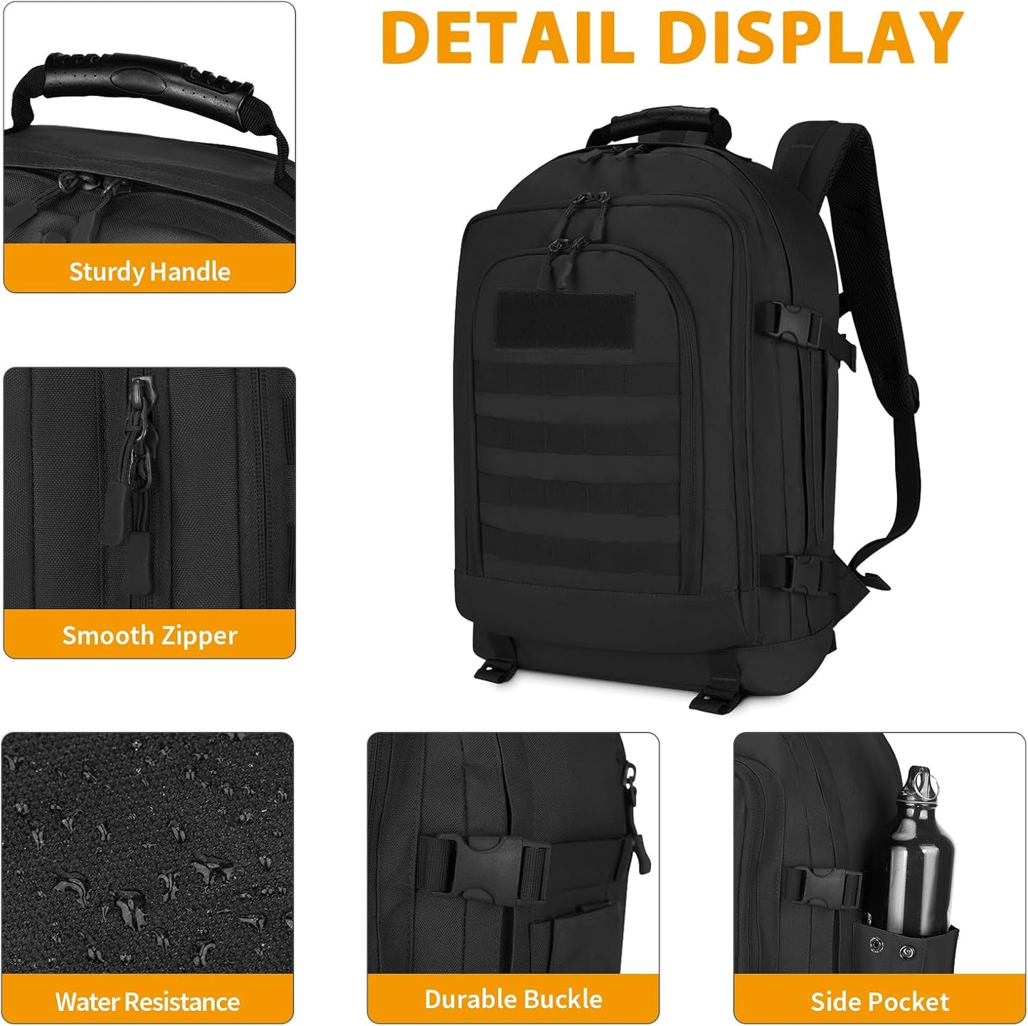 HUNTVP 45L Tactical Backpack Military Backpack Expandable MOLLE Rucksack Hunting Gear Bag Assault Pack Army Backpack(Black)
