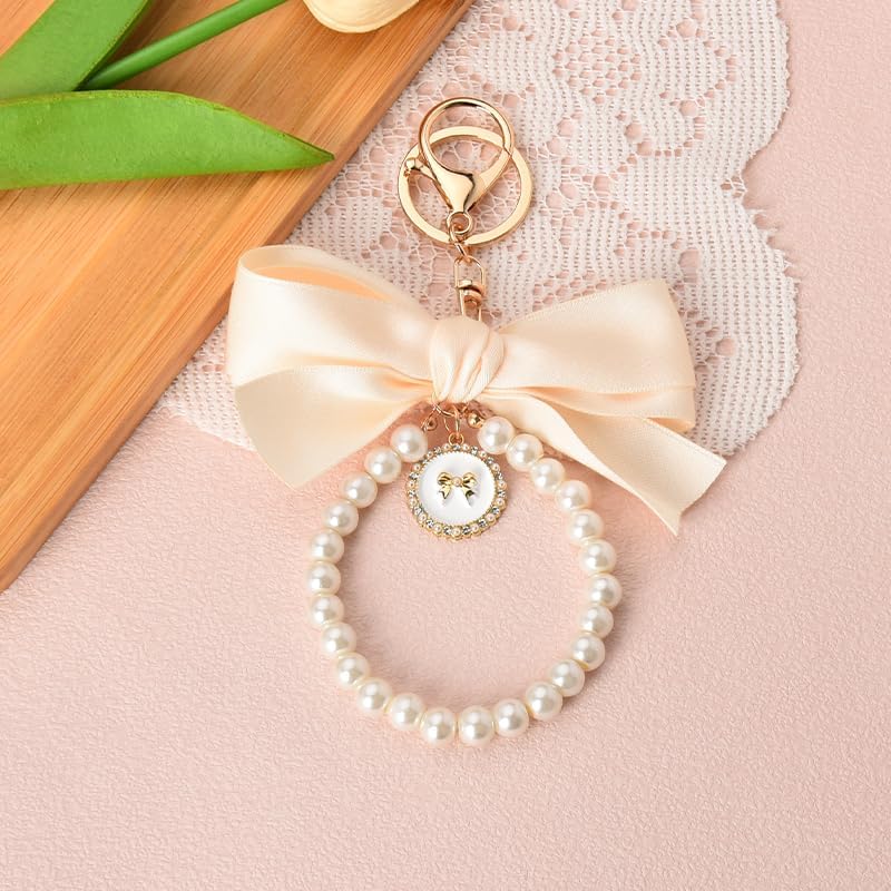 Pearl Bow Keychain Wistlet for Girls Women Bow Pearl Keychains Pink Black Beige