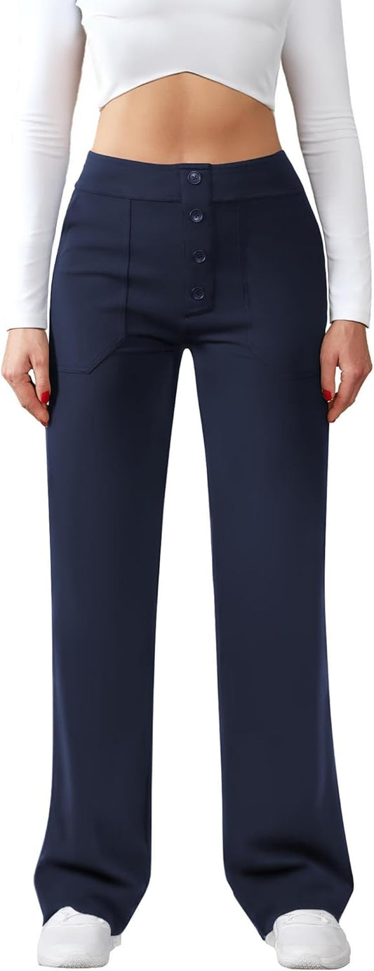 Womens Casual High Waist Straight Leg Pants Stretchy Button Business Dress Work Pocket Trousers