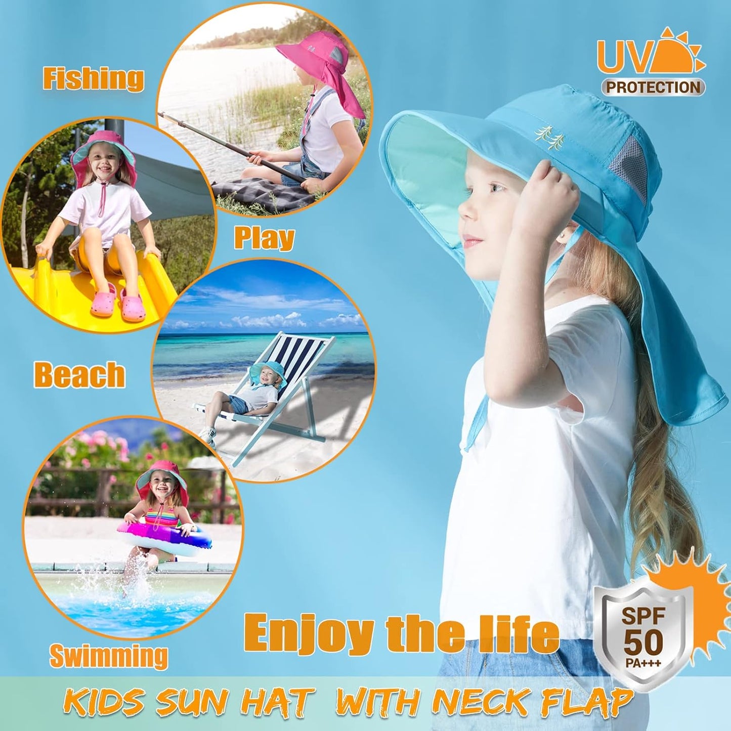 Kids Sun Hats UPF 50+ Sun Protection Hat for Kids with Neck Flap Adjustable Large Brim Beach Fishing Hat for Age 3-12