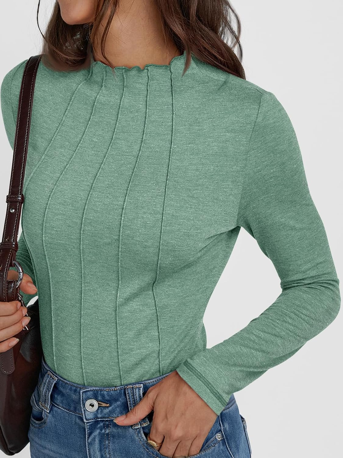 AUTOMET Pleated Long Sleeve Shirts Womens Lettuce Trim Mock Neck Blouses Casual Slim Fit Tops