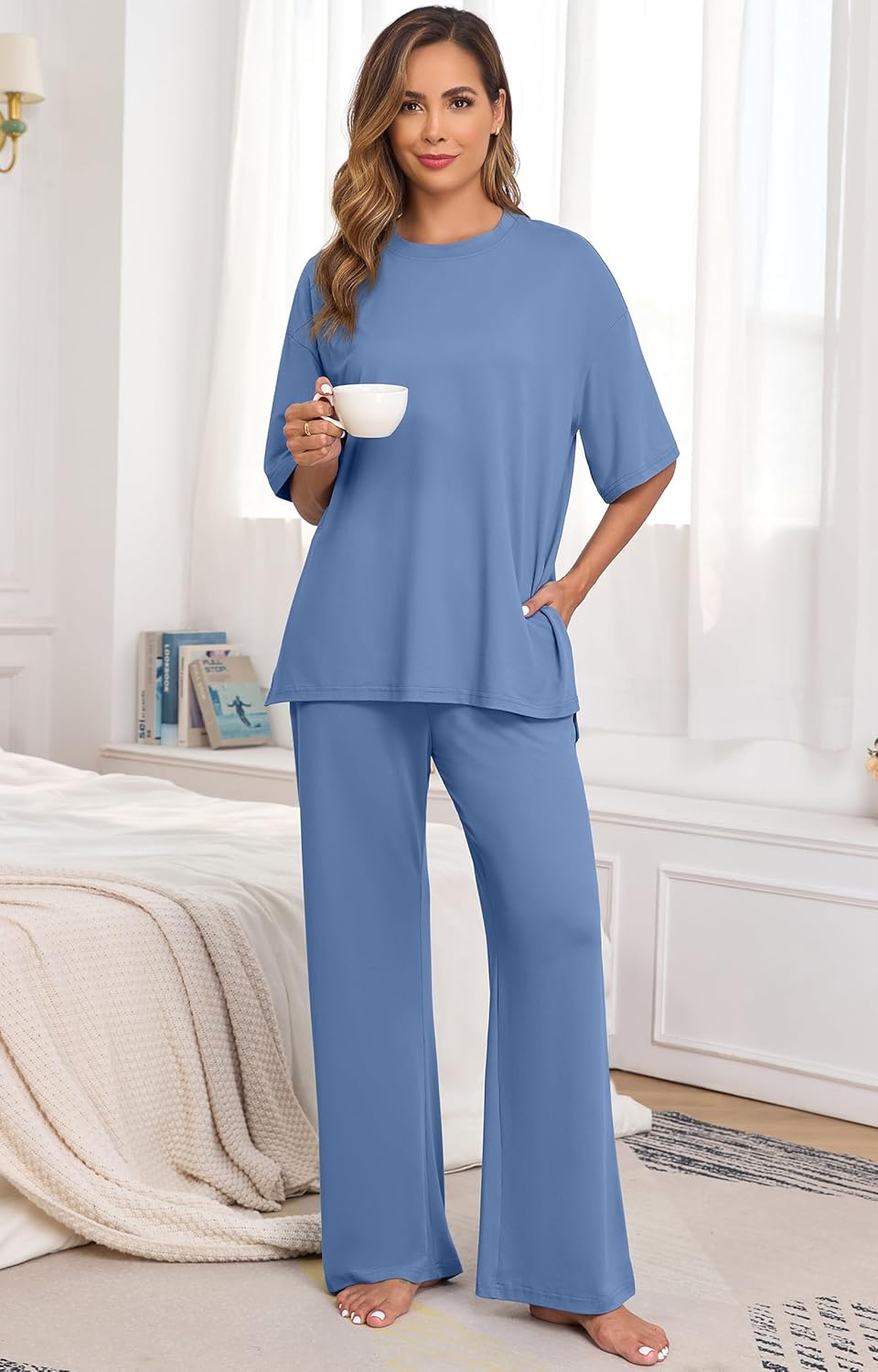 PrinStory Womens Pajamas Sets 2 Piece Lounge Set Short Sleeve Tops and Long Pants Soft Pjs Loungewear with Pockets