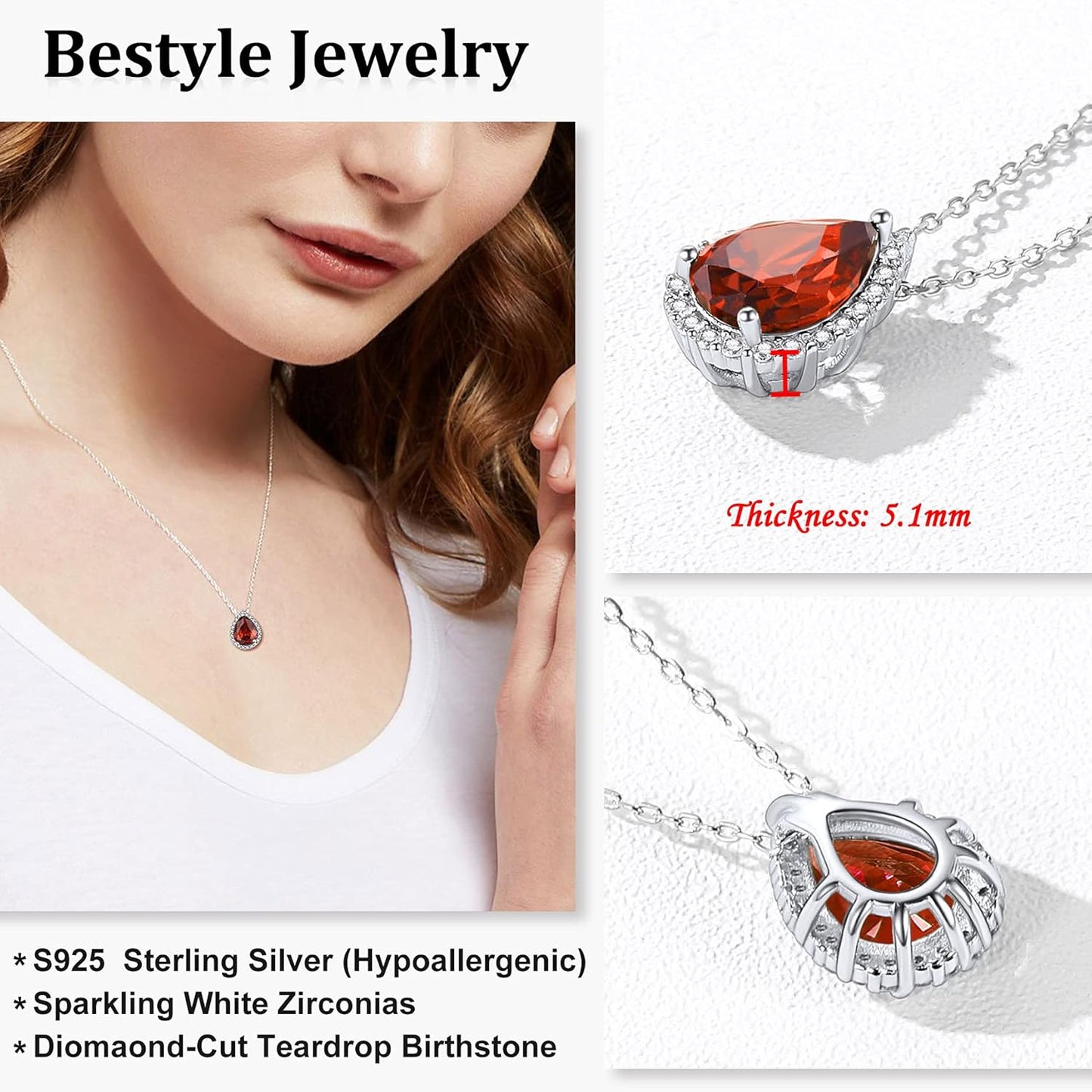 Bestyle Sparkling 925 Sterling Silver Birthstone Necklaces for Women, Created Heart/Round/Teardrop/Square Crystal Solitaire Pendant Diamond Necklace, Great Birthday/Anniversary/Wedding Gifts