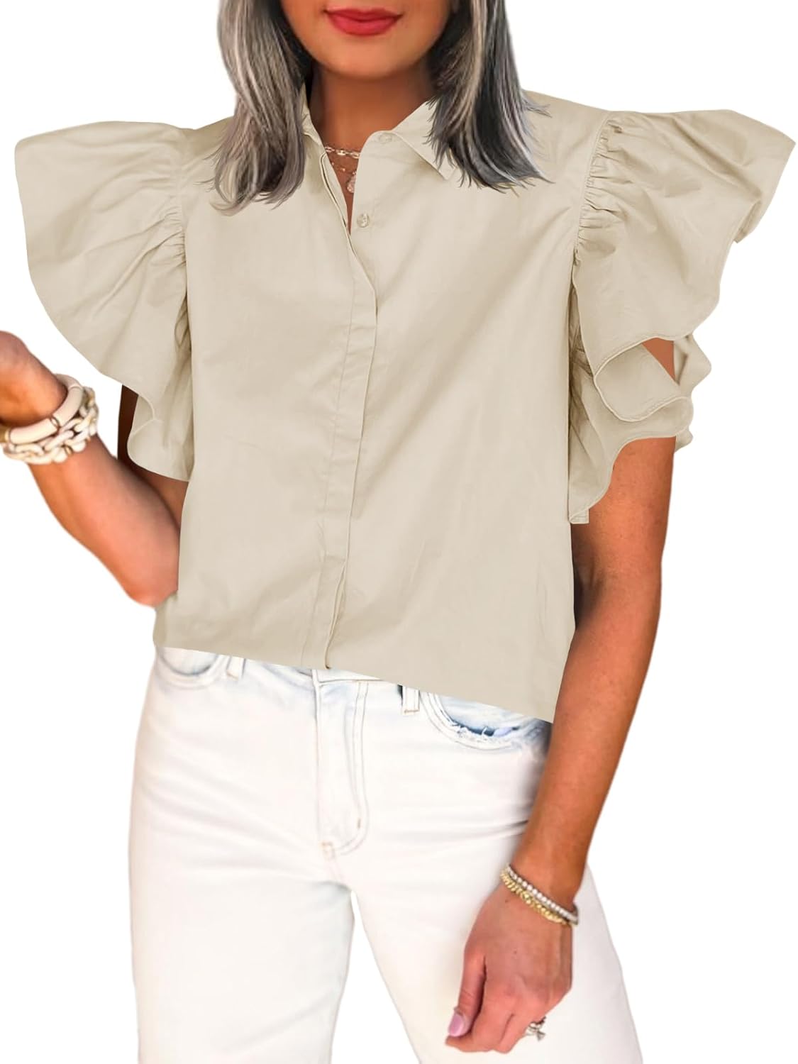 Tankaneo Womens Ruffle Button Down Shirts Cute Summer Short Sleeve Tops Blouse