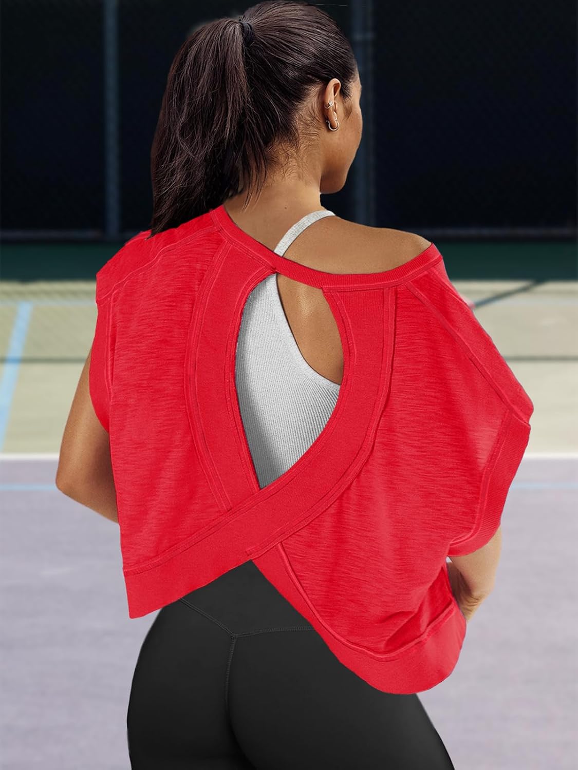Panadila Womens Open Back Workout Top Oversized Workout T Shirts Backless Athletic Shirt Short Sleeve Baby Tee