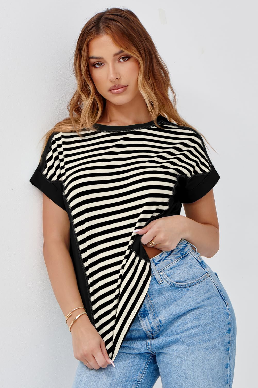 Dokotoo T Shirts for Women Striped Color Block Crewneck Short Sleeve Casual Workout Tops Loose High Low Blouses